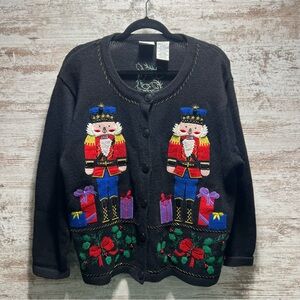 Vintage Bobbie Brooks Womens Ugly Christmas Cardigan Sweater Sze L black